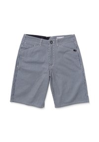 Striped shorts made from cotton, featuring vertical blue and white stripes, a zip fly with a button closure, and front pockets.