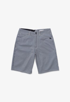 Shorts rayés en coton, présentant des rayures verticales bleues et blanches, une fermeture éclair avec un bouton, et des poches avant.