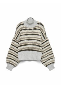 Gekürzter Pullover in Hellgrau mit hohem Kragen. Verfügt über Rautenmuster in Beige und Dunkelbraun sowie voluminöse Puffärmel.