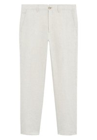 Lichtbeige linnenbroek met een rechte pijpdesign, voorzien van twee voorzakken, een knoopsluiting en een subtiele textuur.