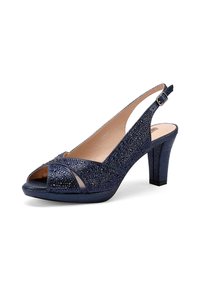 Zapatos de tacón de ante azul marino con la parte delantera abierta, adornados con brillantes piedras de strass. Textura suave, tacón bloque resistente y correa ajustable en el tobillo.