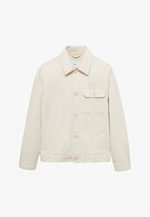 Giubbotto in denim beige chiaro con collo a camicia, chiusura centrale a bottoni, una tasca sul petto e due tasche laterali. Texture liscia.