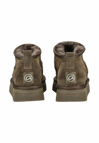 Botas de tobillo de ante marrón con un suave forro de pelo, suela de goma plana y una lengüeta de tira en la parte trasera. El logo de la marca es visible en el tacón.