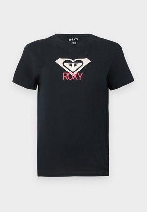 Musta puuvillainen T-paita, jossa on pyöreä kaula-aukko. Keskellä rintaa on kerma- ja vaaleanpunainen graafinen logo. Lyhyet hihat, normaali istuvuus.