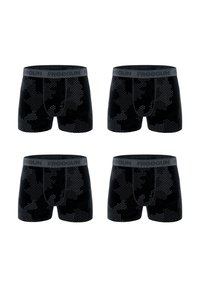 Quatre boxeurs noirs pour hommes avec des motifs de camouflage à pois gris et des ceintures grises de la marque "FREEGUN", présentés sur fond blanc.