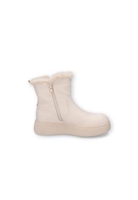 Helle beige Knöchelstiefel mit seitlichem Reißverschluss, Kunstfellfutter an der Oberkante und dickem geripptem Absatz für die Wintersaison.