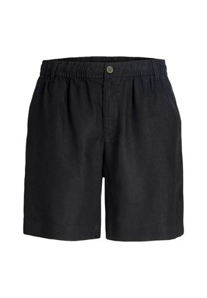 Pantaloncini casual neri con vita elastica, chiusura con singolo bottone e tasche laterali, mostrati su uno sfondo bianco.