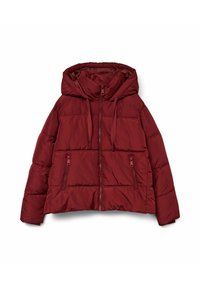 Burgunderfarget boblejakke laget av quiltet stoff med hette, frontglidelås og to sidelommer med glidelåser. Myk tekstur, avslappet passform.