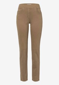 Braune dehnbare Stoffhosen mit passgenauer Passform, ausgestattet mit einem breiten elastischen Bund und zwei vorderen Taschen. Flache Nähte und eine glatte Textur.
