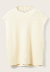 Gilet sans manches en tricot de couleur crème avec col et ourlet côtelés, présentant un motif gaufré texturé.