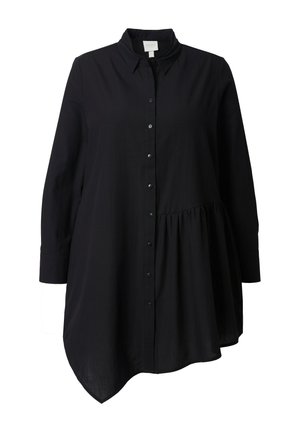 Zwart long sleeve shirt met een kraag, knoopsluiting aan de voorkant en een geplooid onderste gedeelte met een gebogen zoom en een zachte stoftextuur.