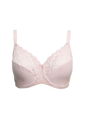 Lys pink polstret bh med blonderkopper, små prikker på stoffet, justerbare stropper og en lille sløjfe foran i midten.