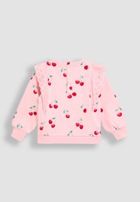 Rosa Sweatshirt mit Kirschmuster, weichem Stoff, ballonförmigen Ärmeln und Spitzenakzenten auf den Schultern. Verfügt über einen Knopfverschluss auf der Rückseite.