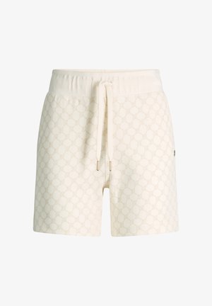 Kremowe spodenki z delikatnym okrągłym wzorem, elastycznym paskiem w talii i sznurkiem zakończonym metalowymi końcówkami.