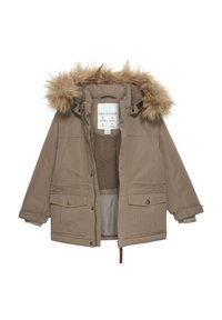 Brūns parka jaka ar mākslīgās kažok�ādas kapuci, ar rāvējslēdzēju un pogu aizdari, divām priekšējām kabatām un mīkstu iekšējo oderi. Praktisks dizains aukstam laikam.