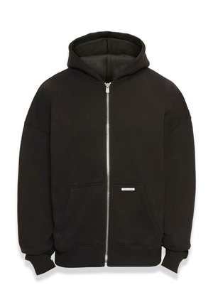 Black zip-up hoodie made of soft fabric with a fleece interior, featuring a drawstring hood, front pockets, and ribbed cuffs and hem.