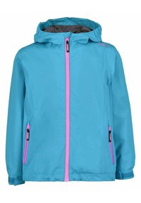 Blå huva jacka med rosa dragkedja och fickdetaljer, långa ärmar och varumärkeslogotyp på axeln.