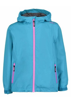 Giacca blu con cappuccio, zip e dettagli delle tasche rosa, maniche lunghe e logo del brand sulla spalla.