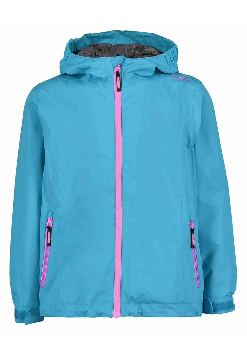 Blå huva jacka med rosa dragkedja och fickdetaljer, långa ärmar och varumärkeslogotyp på axeln.