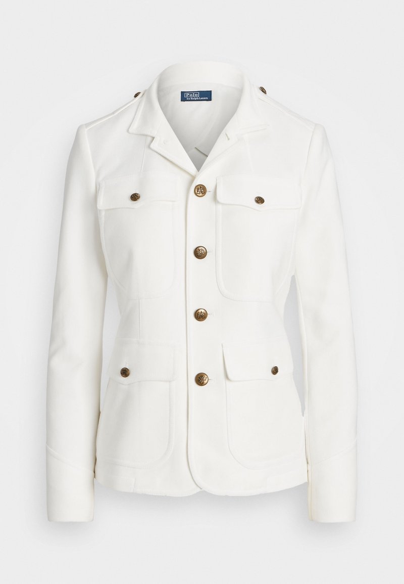 White jacket with a tailored fit, featuring a notched collar, two flap pockets, and gold-tone buttons. Made from a smooth fabric with structured seams.