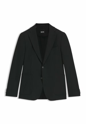 Zwarte blazer van gladde stof. Beschikt over twee voorke pockets, notch-lapels, twee knopen en gedetailleerde stiksels op de mouwen.