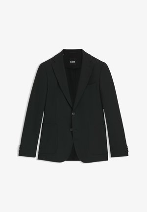 Musta bleiseri, joka on valmistettu sileästä kankaasta. Siinä on kaksi etutaskua, notched-lapelit, kaksi nappia ja yksityiskohtainen ompelu hihansuiden kohdalla.