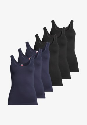 Ensemble de six débardeurs unis en bleu marine et noir. Présentent une coupe ajustée, un col en U et un tissu en mélange de coton doux.