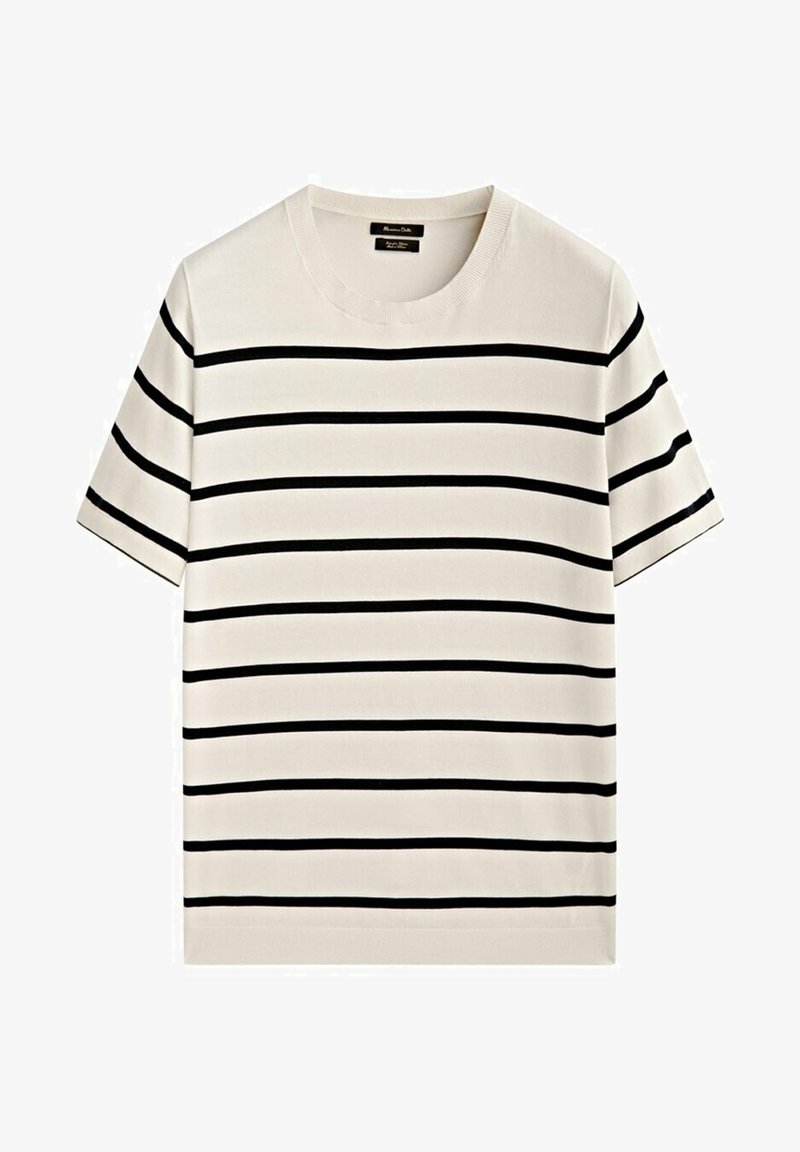 Chemise en maille blanche à manches courtes avec des rayures horizontales noires réparties uniformément sur le devant et les manches.