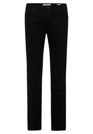 Zwarte katoenen broek in een blend met een recht pasvorm, voorzien van een knoopsluiting aan de voorkant, vijf zakken en minimale stiksels.