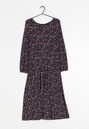 Marineblaues Blumenkleid mit langen Ärmeln, einem gerafften Taillenbund, einem runden Ausschnitt und bunten Mustern aus Blumen und Blättern.