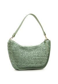 Bolso tejido verde con una correa de cuero suave, forma curva, cuerpo texturizado y un detalle de tirador de cremallera en tono dorado.