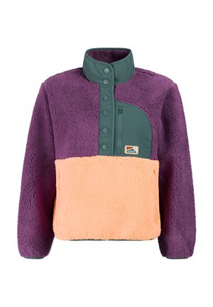 Paars en perzikkleurige sherpa fleece trui met groene kraag met drukknoop en een borstzak, voorzien van een klein patch van een outdoor merk.