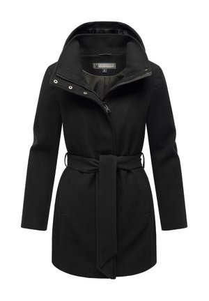 Manteau noir au design ajusté, col montant, fermeture à glissière et ceinture à la taille. Tissu texturé avec deux poches latérales.