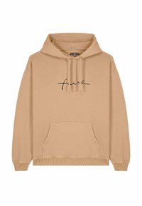 Felpa beige realizzata in tessuto morbido, con tasca frontale a marsupio, polsini a coste e un design testuale ricamato in nero.