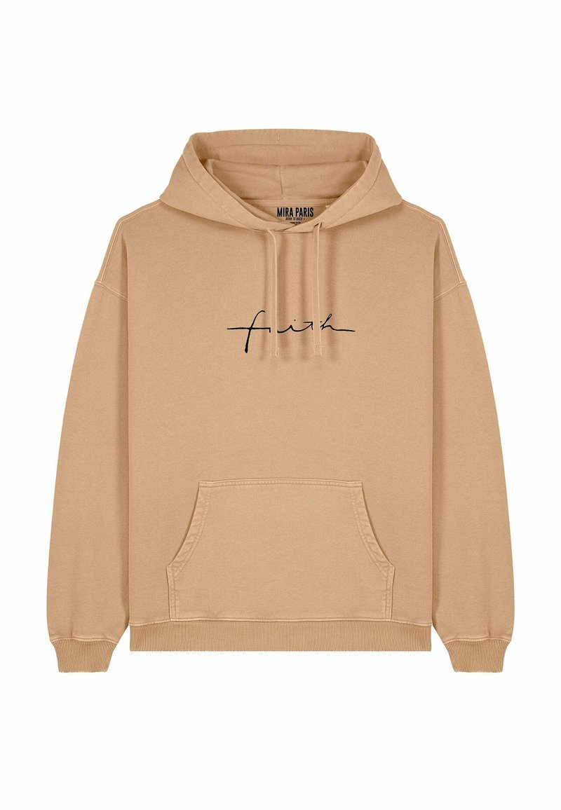 Felpa beige realizzata in tessuto morbido, con tasca frontale a marsupio, polsini a coste e un design testuale ricamato in nero.