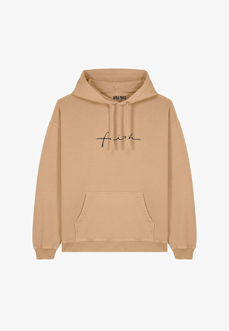 Felpa beige realizzata in tessuto morbido, con tasca frontale a marsupio, polsini a coste e un design testuale ricamato in nero.