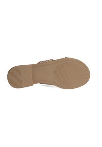 Semelle plate et beige avec une surface en caoutchouc texturée. Dotée d'un bout arrondi et d'une section supérieure tissée à motif au niveau du talon. Aucune marque visible.