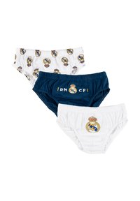 Tre paia di slip per ragazzi in bianco e blu navy, ciascuno con diversi loghi e design del club calcistico Real Madrid.