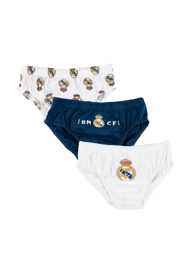 Tre paia di slip per ragazzi in bianco e blu navy, ciascuno con diversi loghi e design del club calcistico Real Madrid.