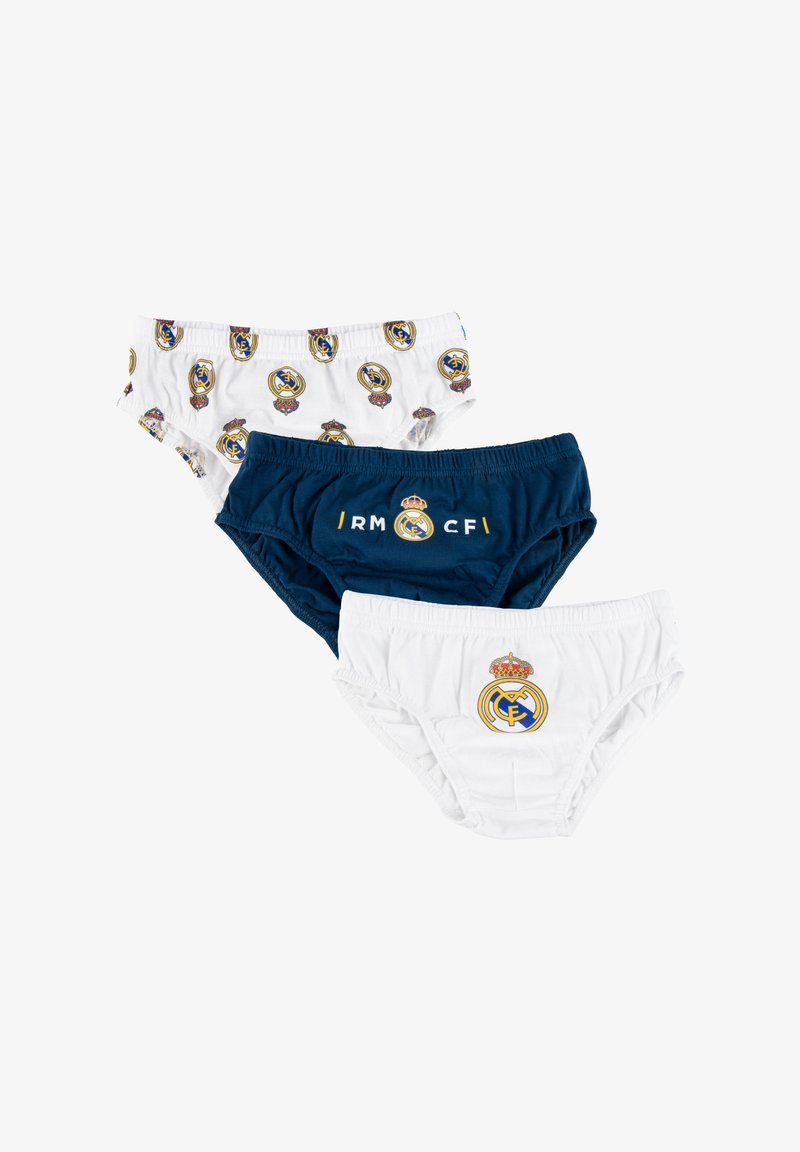 Tre paia di slip per ragazzi in bianco e blu navy, ciascuno con diversi loghi e design del club calcistico Real Madrid.