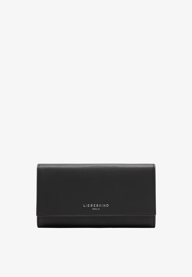Czarny skórzany portfel o gładkiej fakturze, z klapką składana i metalowym logotypem. Prostokątny kształt, minimalistyczny design.