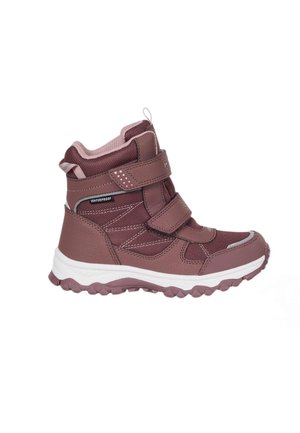 Scarpa da trekking impermeabile per bambini di colore viola con due cinturini in velcro, collo imbottito e suola bianca robusta per uso esterno.