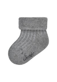 Gray sock with a ribbed texture and a fuzzy cuff. Features a soft material and a seamless toe with logo printed on the side.
