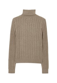 Beige Kabelstrick-Turtleneck-Pullover mit langen Ärmeln sowie gerippten Bündchen und Saum, flach auf einem weißen Hintergrund präsentiert.
