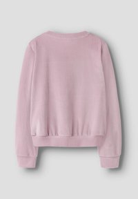 Hellrosa geripptes Sweatshirt mit langen Ärmeln, elastischem Bund und Bündchen, Rückansicht vor hellgrauem Hintergrund.