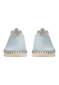 Light blue slip-on shoes with a textured reptile pattern, leather material, rounded toe, and cream-colored rubber sole with visible stitching.