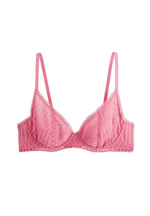 Reggiseno rosa in pizzo con sottili spalline regolabili e ferretto, caratterizzato da un bordo smerlato e un motivo floreale trasparente.