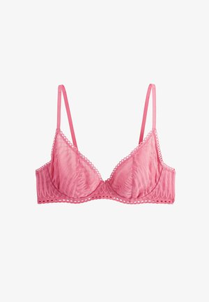 Soutien-gorge en dentelle rose avec bretelles fines réglables et armatures, présentant un design à bord festonné et un motif floral transparent.
