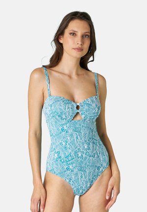 Costume da bagno intero turchese con motivo floreale, dotato di scollatura a cuore e dettaglio a taglio. Inclusi spallacci regolabili.
