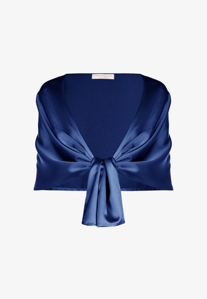 Coprispalle stile bolero di seta blu navy con nodo frontale e scollatura profonda, etichettato Rinascimento Atelier.